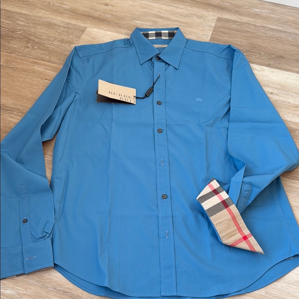 Burberry Blue Casual Button Down Shirt with Plaid Detail New size  L